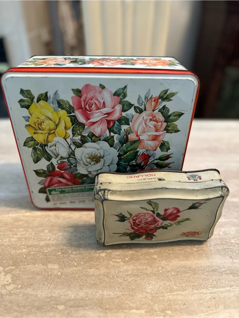 Vintage Floral Chocolate Tins  Set of 2 - Rose Motif, White & Red
